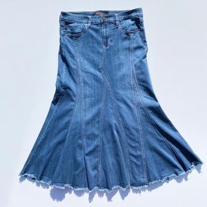 Liverpool Blue Ruffled Trumpet Midi Skirt
